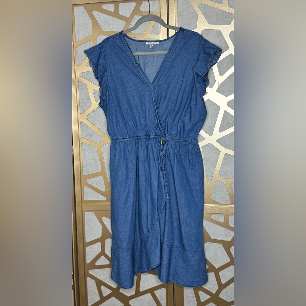 Denim-Effect Blue Wrap Dress with Tie Waist